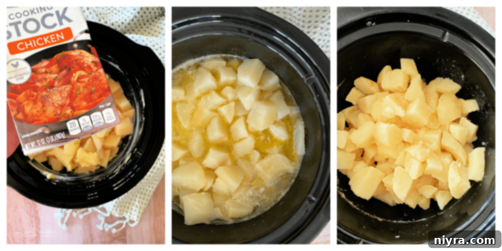 Adding chicken broth to cubed potatoes in the Crockpot for slow cooking.