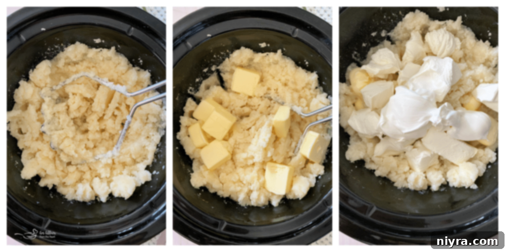 Potatoes being mashed directly in the Crockpot, with sour cream and butter added.