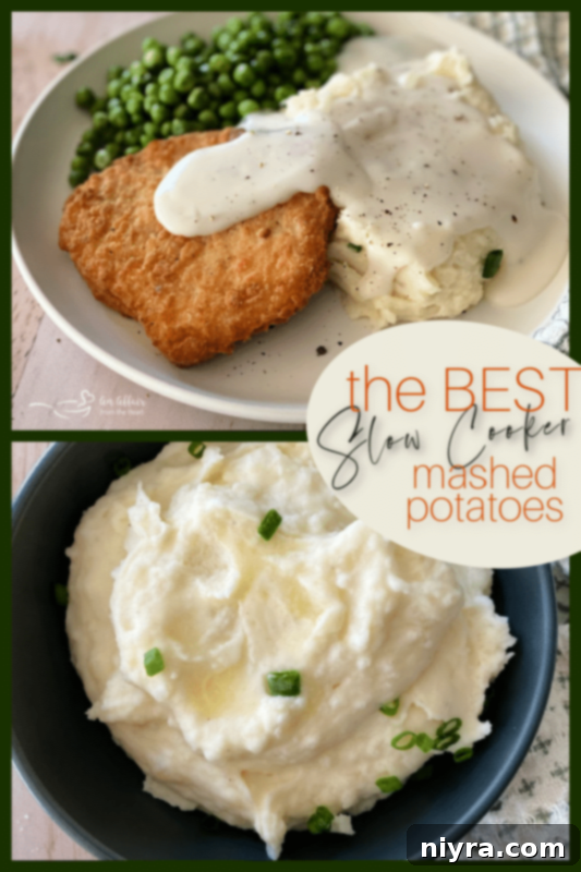 Pinterest graphic: Best Slow Cooker Mashed Potatoes with Southern Fried Chicken and Mashed Potatoes.