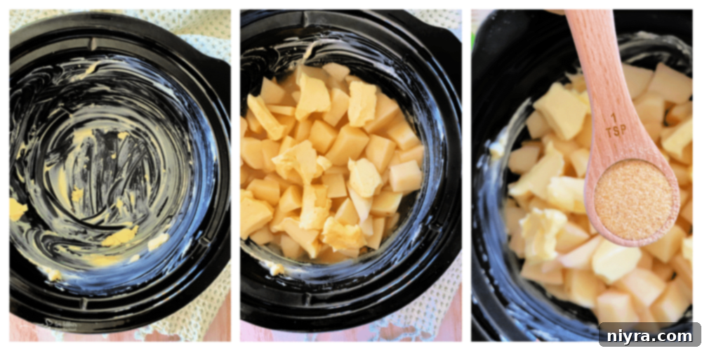 Step-by-step photos illustrating the preparation of slow cooker mashed potatoes, including buttering the Crockpot.