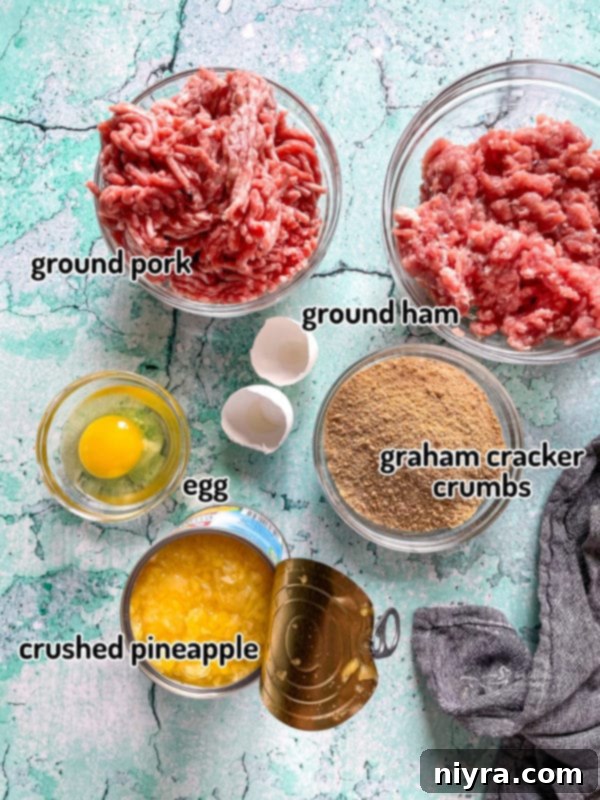 Top view of ingredients for Hawaiian ham balls