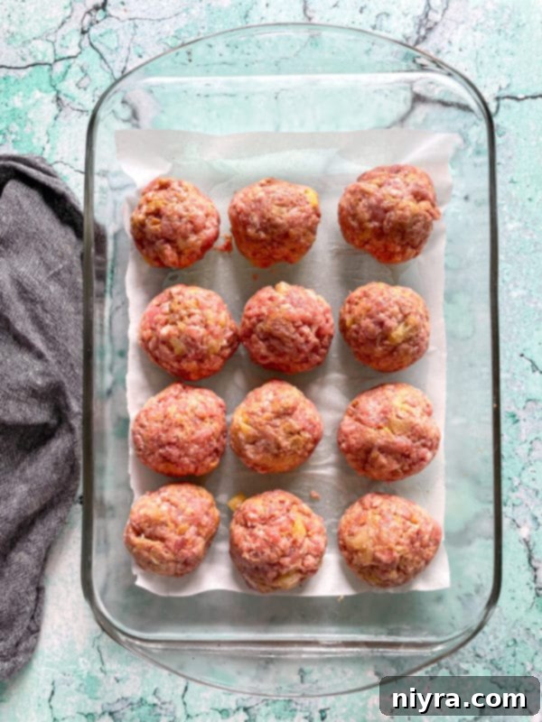 Top view of ham balls in dish