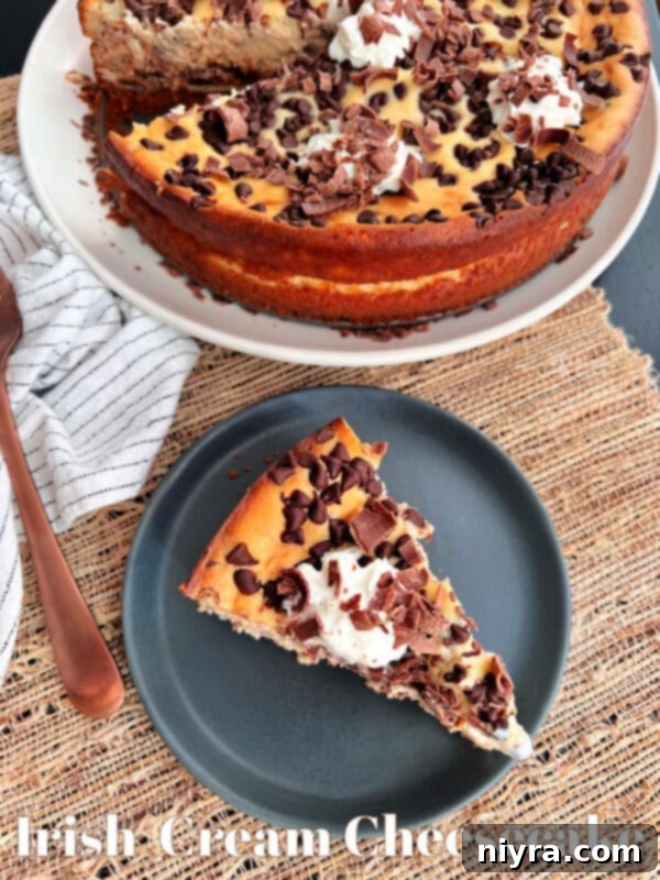 Stunning hero shot of the whole Irish Cream Cheesecake, garnished with whipped cream and chocolate shavings, ready to be served