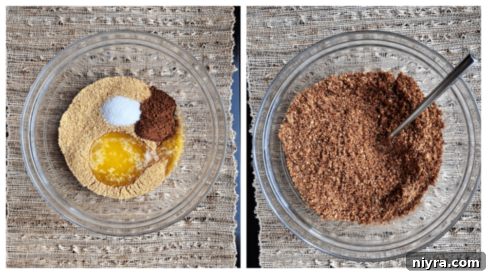 Mixing graham cracker crumbs, cocoa powder, sugar, and melted butter in a bowl to form the cheesecake crust