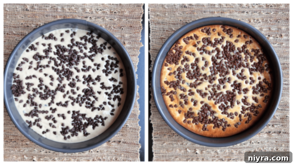 Cheesecake batter being gently mixed with flour-coated chocolate chips