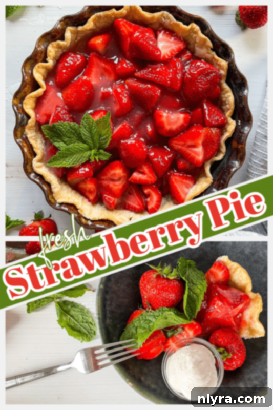 Decorative graphic for Fresh Strawberry Pie, featuring artistic text and imagery related to the dessert.
