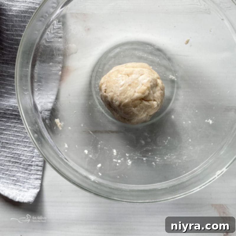 Close-up of flour and shortening being cut together in a bowl with a pastry blender, creating coarse crumbs for pie crust.