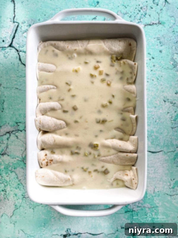 Enchiladas in white dish covered in cheese sauce