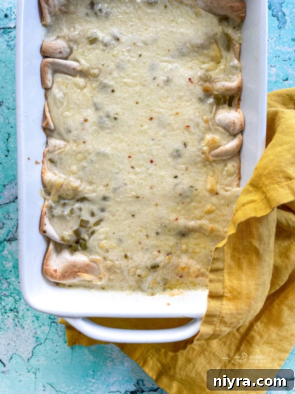 Cheese sauce on top of white chicken enchiladas