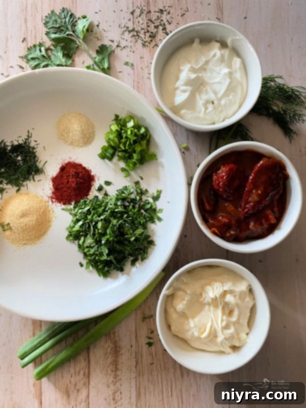Southwest Steakhouse Salad 4 herbs, chili, seasoning, scallions, mayo, adobo sauce, and sour cream