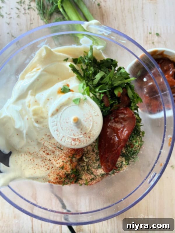 Southwest Steakhouse Salad 6 top view of food processor with sour cream and mayonnaise