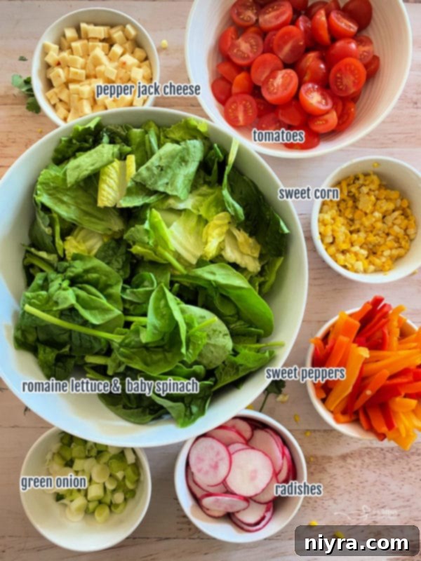 Southwest Steakhouse Salad 9 top view of greens, cheese, tomatoes, corn, peppers, radishes, green onion