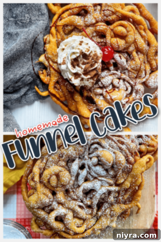 A graphic featuring the text 'Funnel Cakes' and a vibrant image of a funnel cake, perfect for sharing on social media.