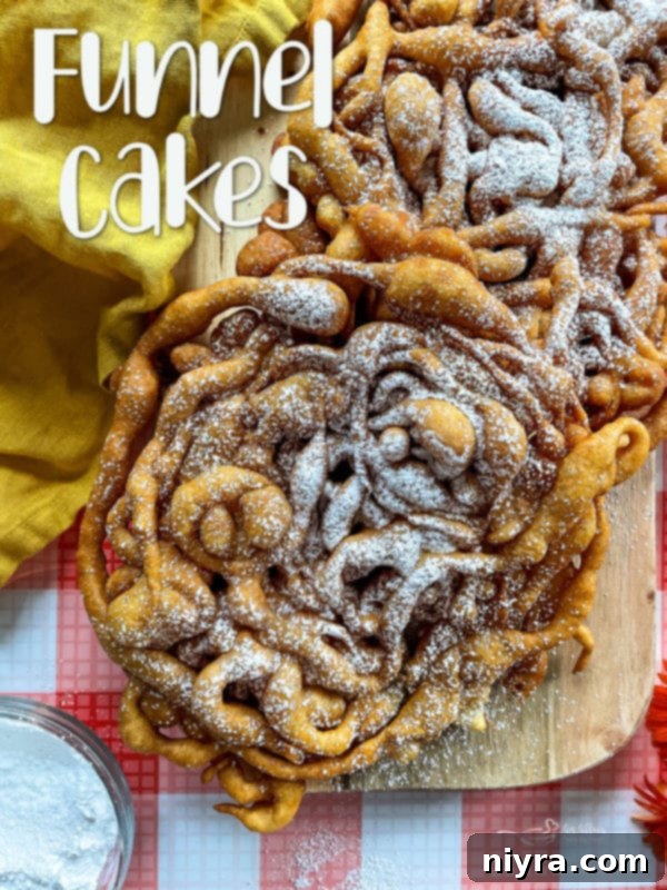A visually appealing image of funnel cakes with descriptive text overlay, promoting the homemade recipe.