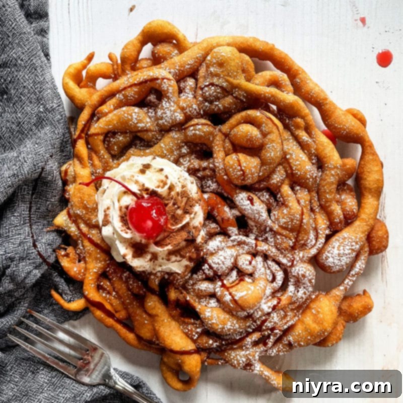 A beautifully garnished homemade funnel cake, topped with a generous swirl of whipped cream and a bright red cherry, with chocolate sauce drizzled over.