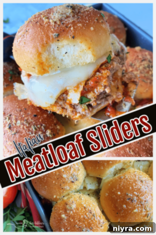 A single Italian Meatloaf Slider with a bite taken out, showing gooey cheese and meatloaf