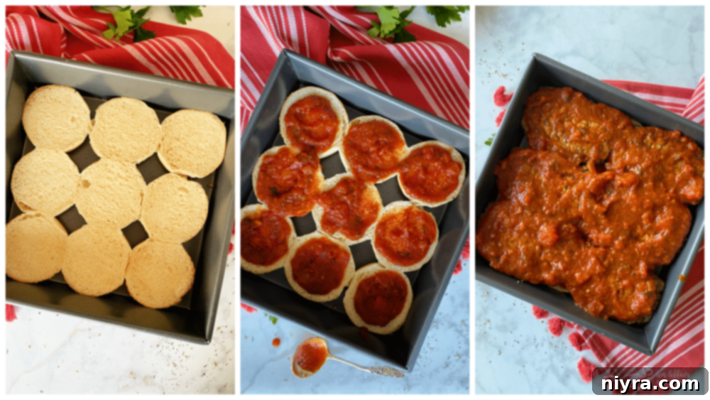 Assembling meatloaf sliders with buns and marinara