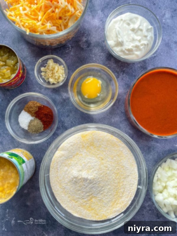 Easy Skillet Tamale Pie Video Tutorial 4 top view of ingredients for tamale pie laid out on a table