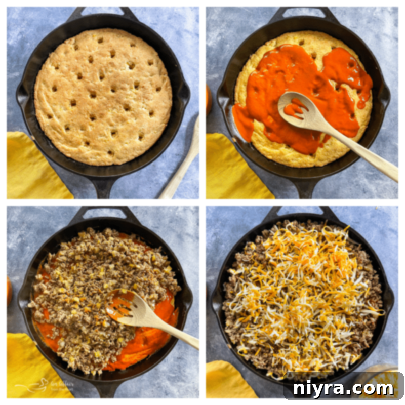 Easy Skillet Tamale Pie Video Tutorial 9 enchilada sauce being spread over baked cornbread in a skillet