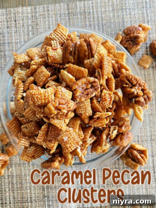 Graphic of delicious caramel pecan clusters, highlighting their homemade appeal for any occasion.