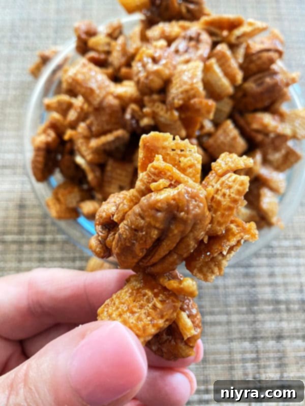 Close-up view of homemade caramel pecan clusters, showcasing their crunchy, sweet, and nutty texture, ideal for holiday snacking.