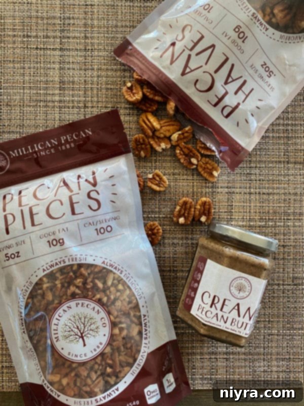 Bags of fresh pecans, ready for baking and snacking, highlighting the quality ingredients used in Caramel Pecan Clusters.