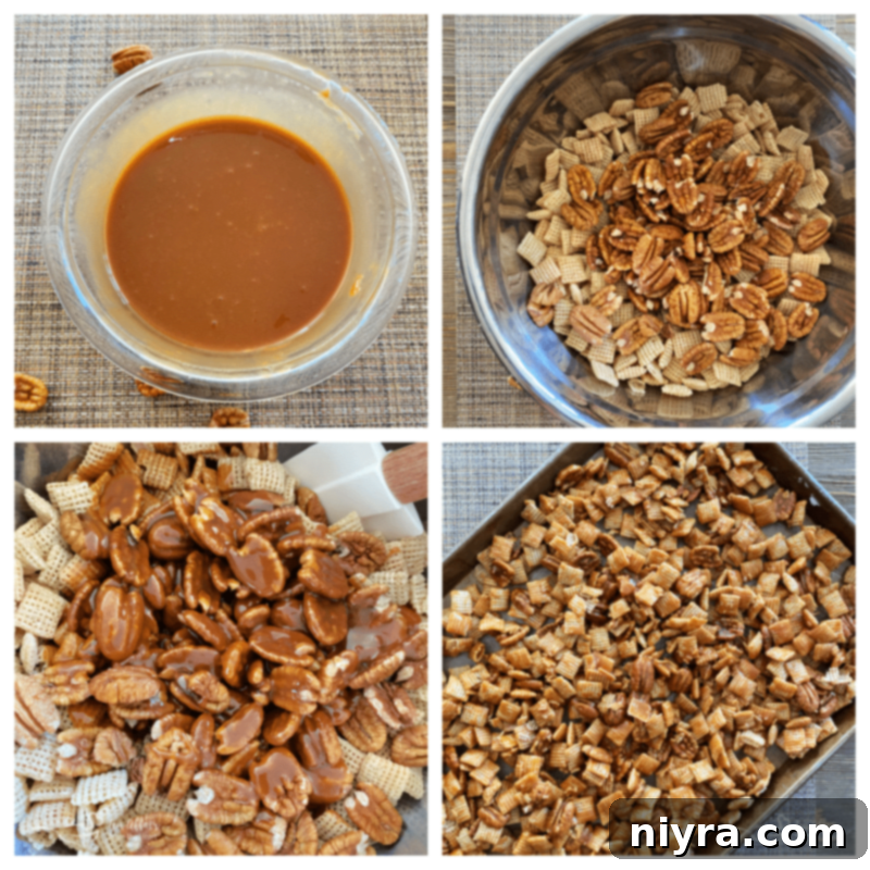 Caramel being poured over a bowl of Rice Chex cereal and pecan halves, ready to be mixed for the clusters.