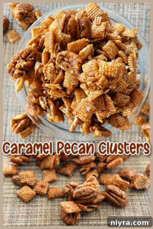 Graphic promoting homemade caramel pecan clusters, with appealing visuals and text.