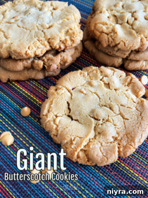 Giant Butterscotch Cookies Recipe Graphic displaying text "Giant Butterscotch Cookies" with tempting photos of the cookies.