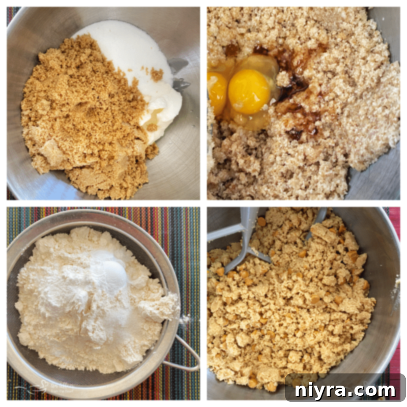 Easy Butterscotch Cookie Recipe Step-by-Step Step-by-step image showing sugar, flour, and butterscotch chips being prepared, essential for making delicious butterscotch cookies.