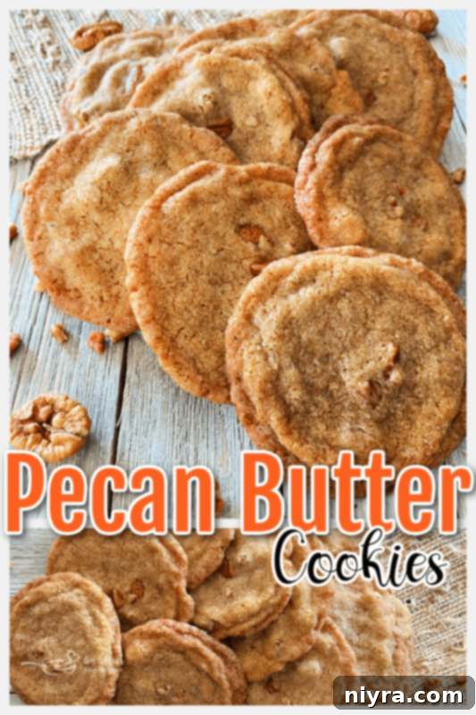A top-down view of golden-brown pecan butter cookies on a textured surface, with a graphic overlay promoting the recipe, ideal for social media sharing.