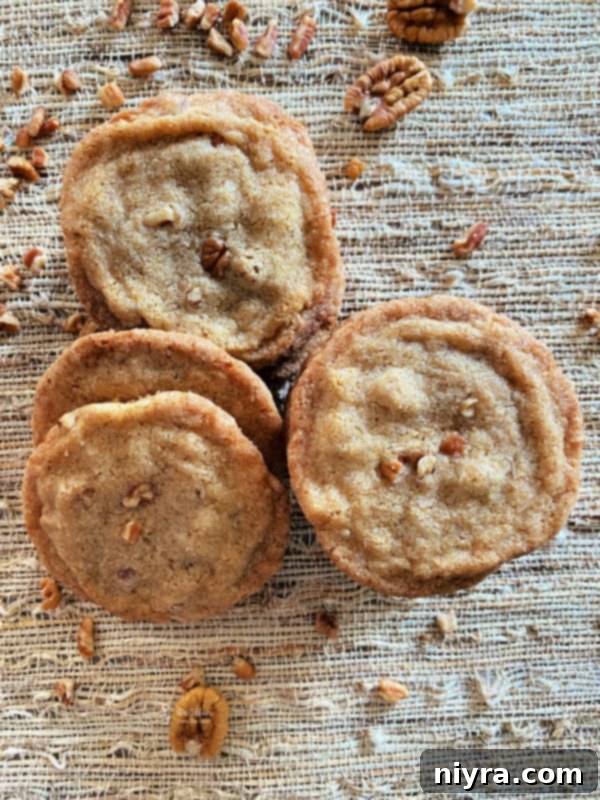 A delightful top-down view of a batch of freshly baked pecan butter cookies arranged neatly on a tan surface, garnished with scattered whole pecans, highlighting their inviting texture and golden color.