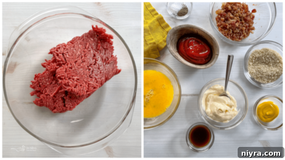A collage of ingredients for Bacon Cheeseburger Meatloaf, showing ground beef in a bowl, with separate piles of ketchup, crumbled bacon, raw eggs, mayonnaise, mustard, breadcrumbs, and Worcestershire sauce.