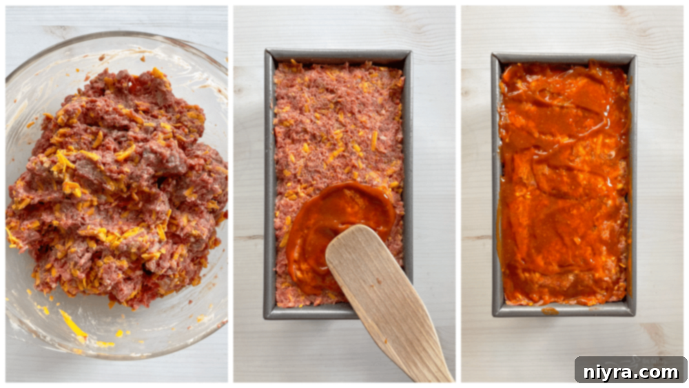 A visual sequence showing the meatloaf mixture being combined in a bowl, transferred to a loaf pan, and then topped with the remaining ketchup and mustard sauce before baking.