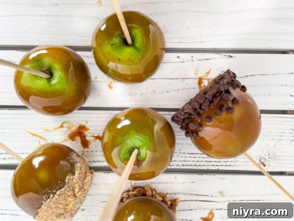Two decorated caramel apples with various toppings