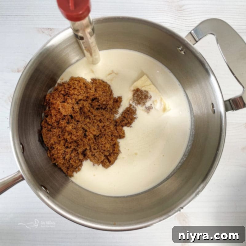 Caramel ingredients mixing in a saucepan