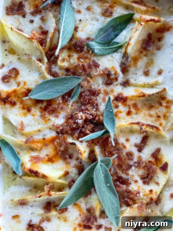 Easy Potatoes Au Gratin finished baked Potatoes Au Gratin in a casserole dish