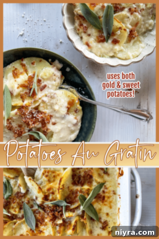 Golden-Crusted Creamy Potatoes 6 two images of potato au gratin recipes with text