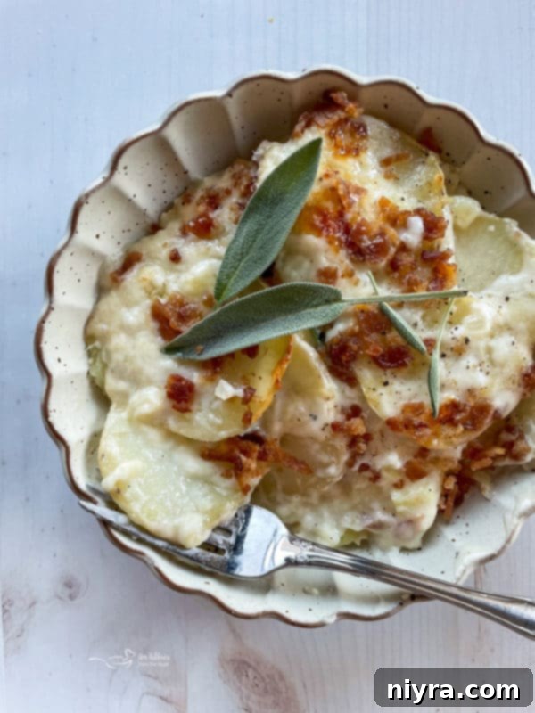 Golden-Crusted Creamy Potatoes 8 one bowl of potatoes au gratin topped with sage and bacon