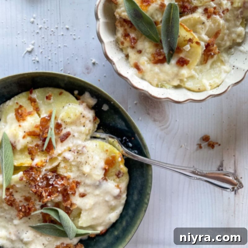 Golden-Crusted Creamy Potatoes 4 two bowls of potatoes au gratin topped with bacon and sage