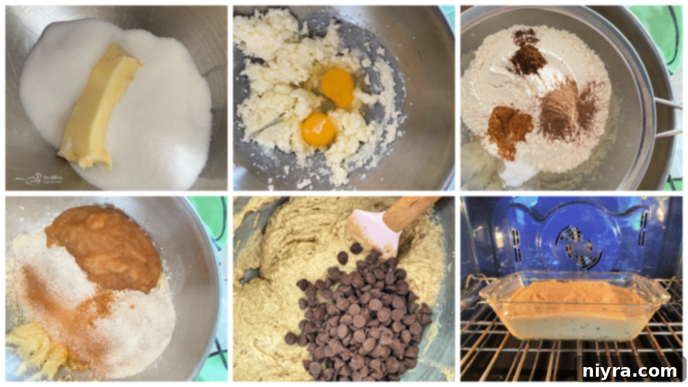 A visual guide showing three key stages of preparing applesauce bread: creaming butter and sugar, mixing in dry ingredients and applesauce, and folding in chocolate chips before baking.