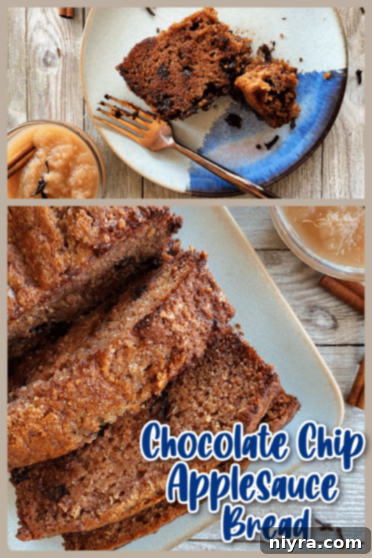 A graphic featuring two appealing photos of Applesauce Bread with Chocolate Chips, perfect for sharing on social media and inspiring bakers.