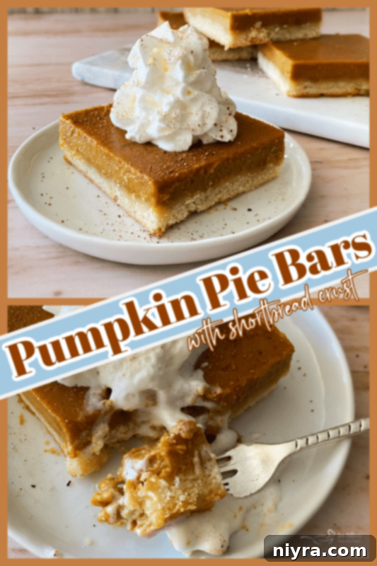 Buttery Shortbread Pumpkin Bars 11 A visually appealing Pinterest-friendly image of Pumpkin Pie Bars, featuring the title 'Pumpkin Pie Bars with Shortbread Crust' and a call to action to pin the recipe.