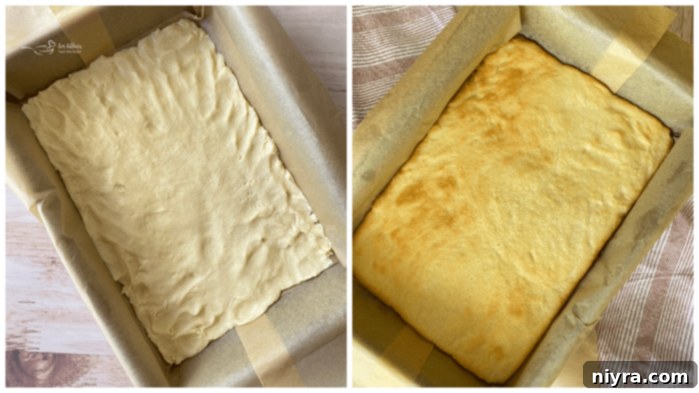 Buttery Shortbread Pumpkin Bars 7 Another step-by-step image, showing the baked shortbread crust in the 9x13 dish, ready for the pumpkin filling to be poured over it.
