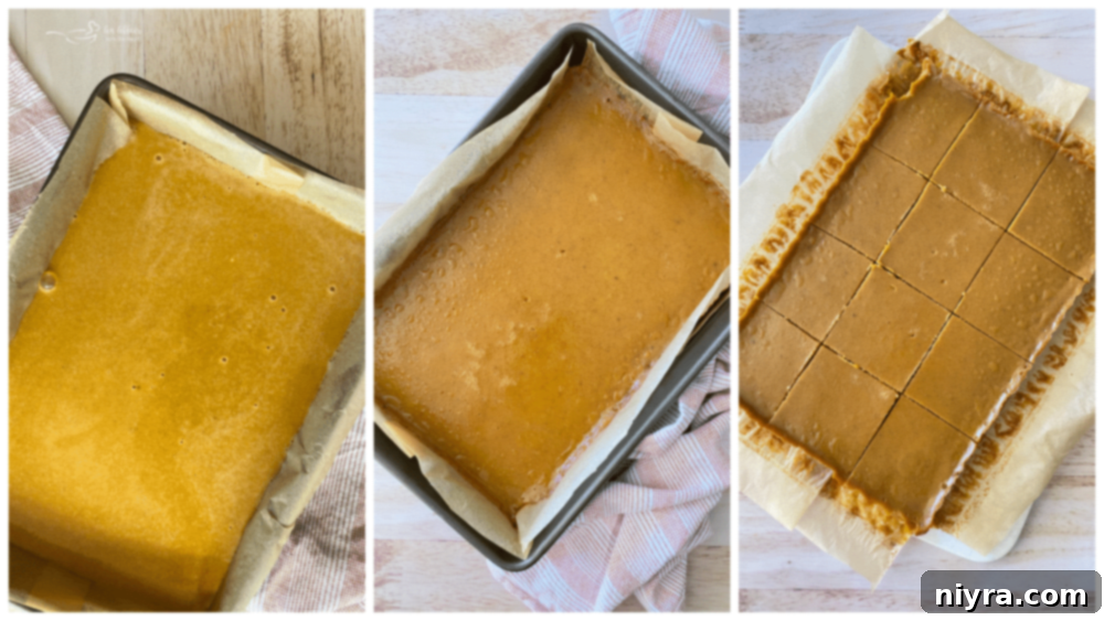 Buttery Shortbread Pumpkin Bars 9 A close-up of several pumpkin pie bars on a white platter, each topped with whipped cream and a dusting of cinnamon, invitingly arranged for serving.