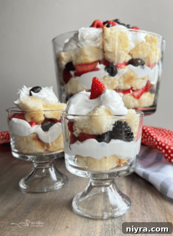 Individual Berry Trifle servings in small clear glasses, perfect for parties