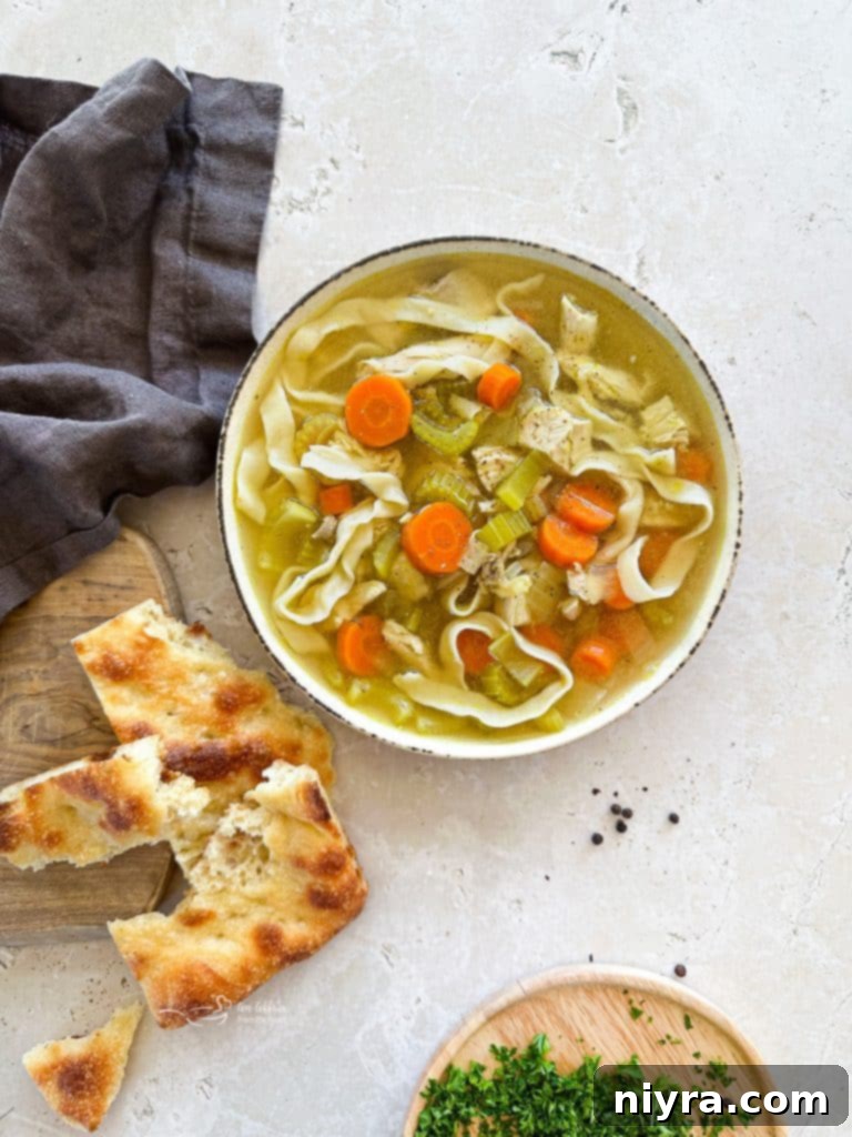A close-up of delicious homemade chicken noodle soup with fresh ingredients.