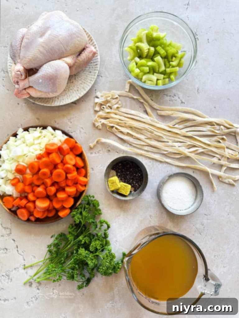A bowl of homemade chicken noodle soup, with a spoon, and a rustic background.