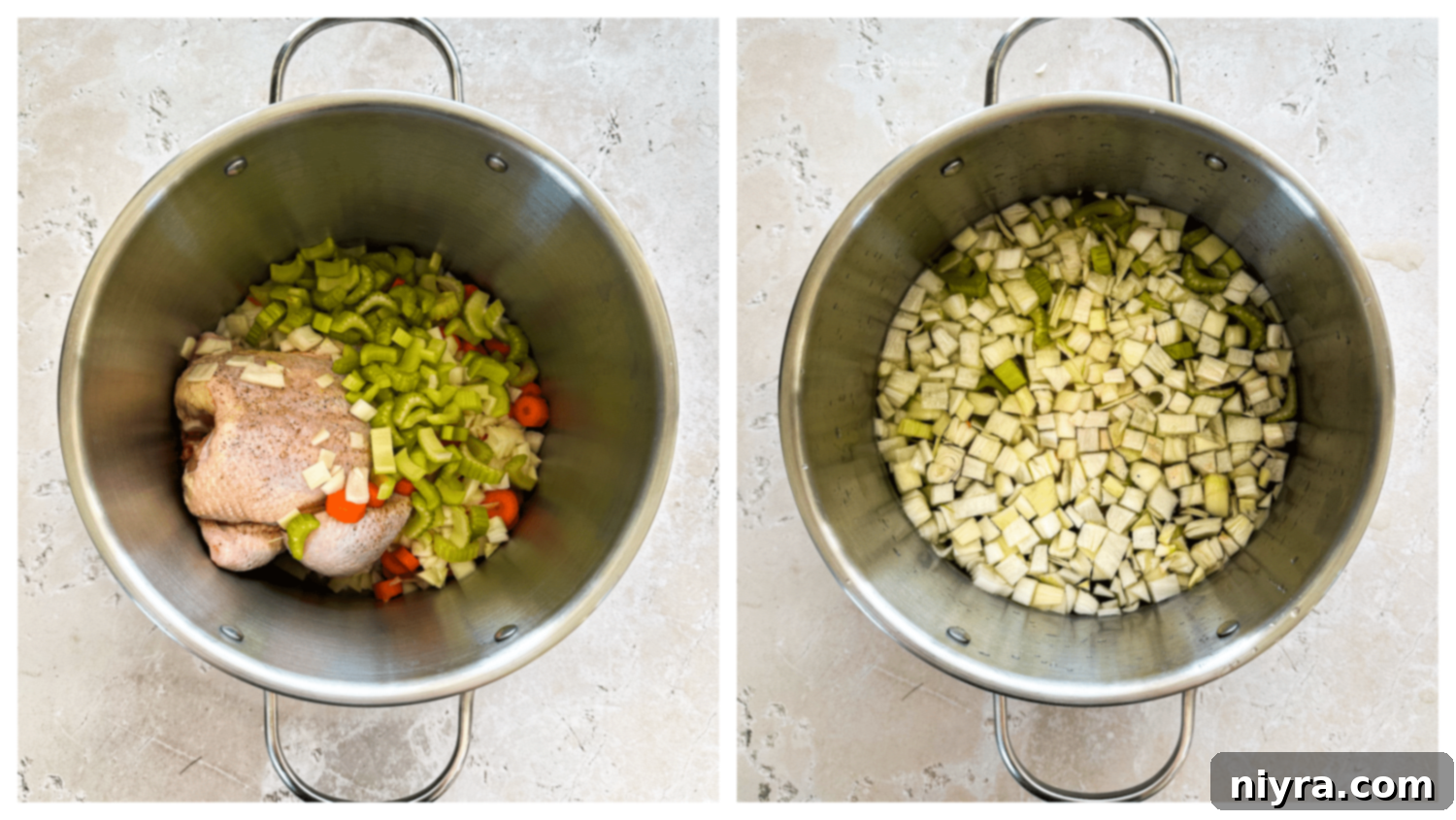 Step 1: Raw whole chicken, coarsely chopped onions, celery, and carrots in a large soup pot.
