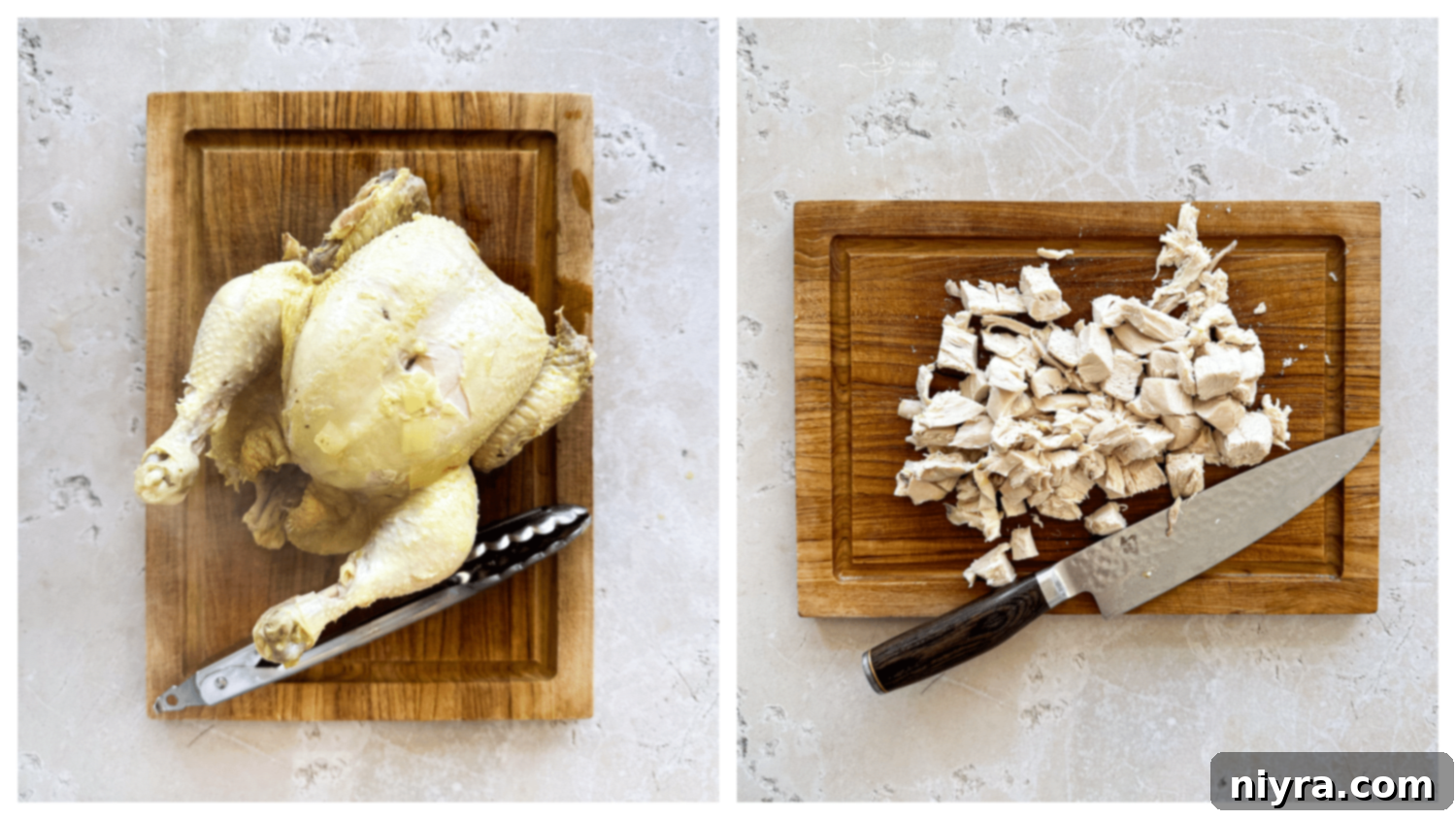 Step 3: Cooked chicken being removed from the pot, ready for deboning.
